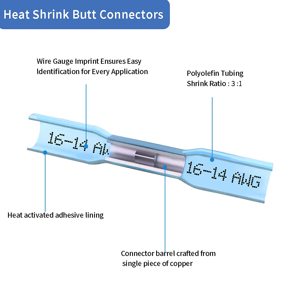 1000 Pcs Blue Heat Shrink Butt Connectors, 16-14 AWG Waterproof Electrical Crimp Wire Splice for Marine, Cable, Wiring