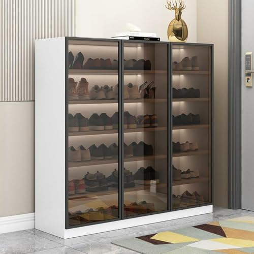 CraftThink Shoe Cabinet with Glass Doors & Sensor Light, Glam Style 6-Tier Freestanding Shoe Rack Storage Organizer with Adjustable Shelves for Hallway Entryway Garage (White, 47" L x 14" W x 47" H)
