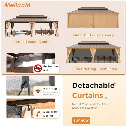 MELLCOM 12'x16' Hardtop Gazebo, Galvanized Steel Metal Double Roof Canopy with Curtains and Netting, Brown Permanent Pavilion Gazebos with Aluminum Frame for Garden, Patio, Lawns, Deck