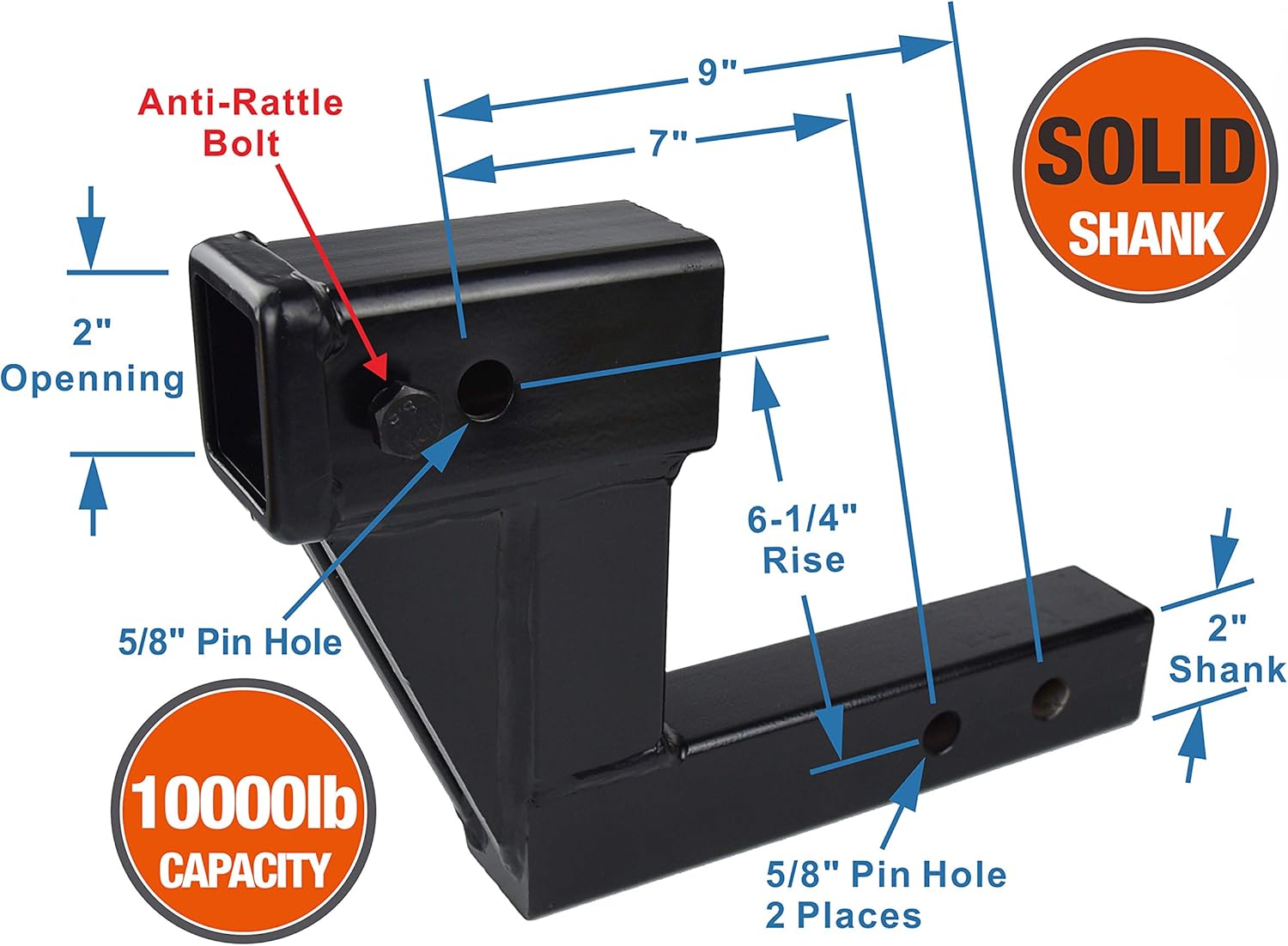 TOPTOW Trailer Hitch Extender Adapter with 6-inch Riser/Drop, 2" Receiver, 2-inch Solid Shank, 10000lbs Capacity, Anti-Rattle Bolt