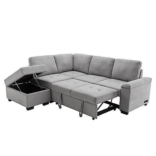 Folding Sleeper Living Room,Modular Sectional Pull, L-Shape Couch Corner Sofa-Bed Ottoman & Hidden Arm Storage & USB Charge,Dark Gray