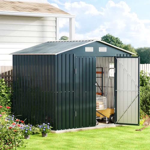 10X12X7.5 FT Outdoor Steel Storage Shed with Lockable Doors, 2 Windows, Transparent Roof Panels (Wood Panels & Frame Floor Not Included), Ideal for Patio Storage,Garbage Can, Chicken Coop，Brown
