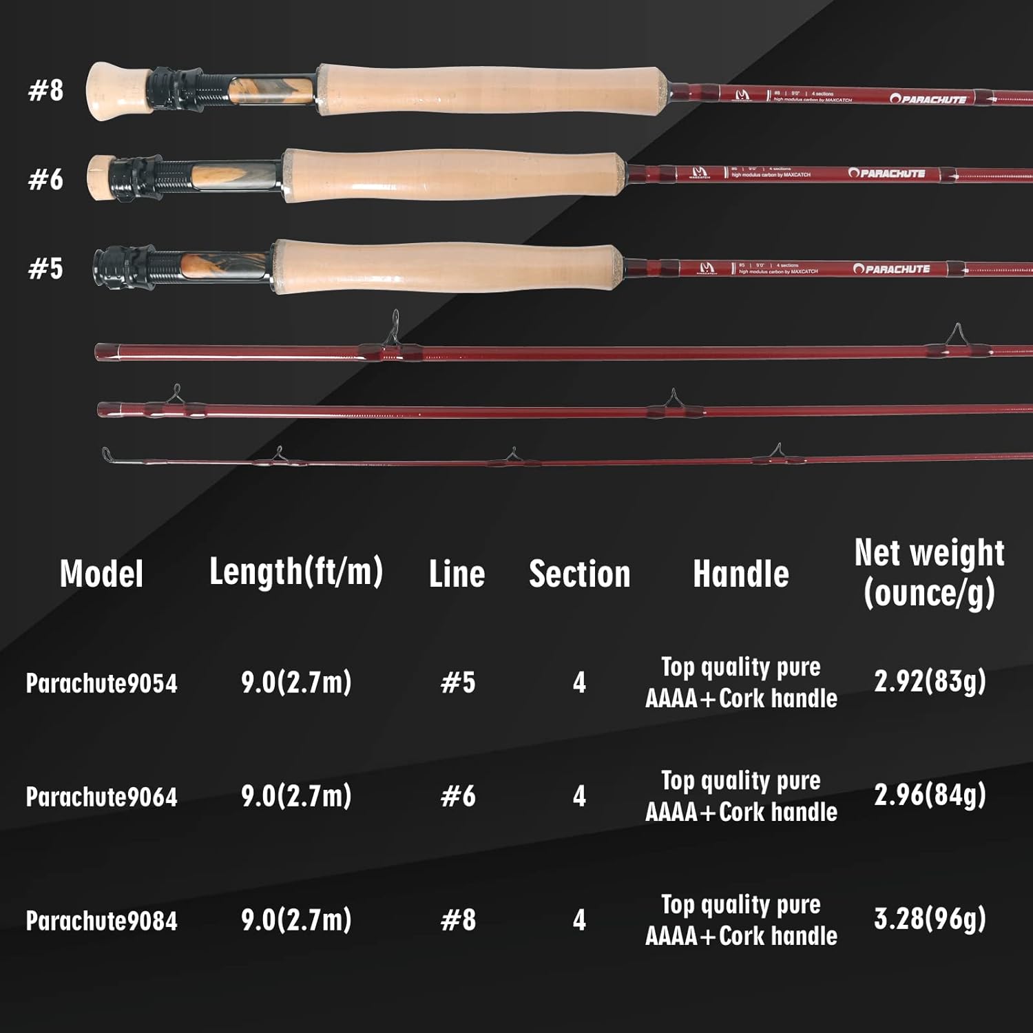 M MAXIMUMCATCH Maxcatch Parachute Fly Fishing Rod 4 Piece 9ft 5wt Graphite IM12/40T Carbon Fiber Fast Action Fly Rod