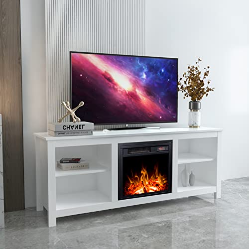 Classic 4 Cubby Fireplace TV Stand, Electric Fireplace TV Stand for 65 Inch TV with 4 Open Storage Shelves, Modern TV Storage Cabinet Center Stand with Fireplace for Living Room (White)