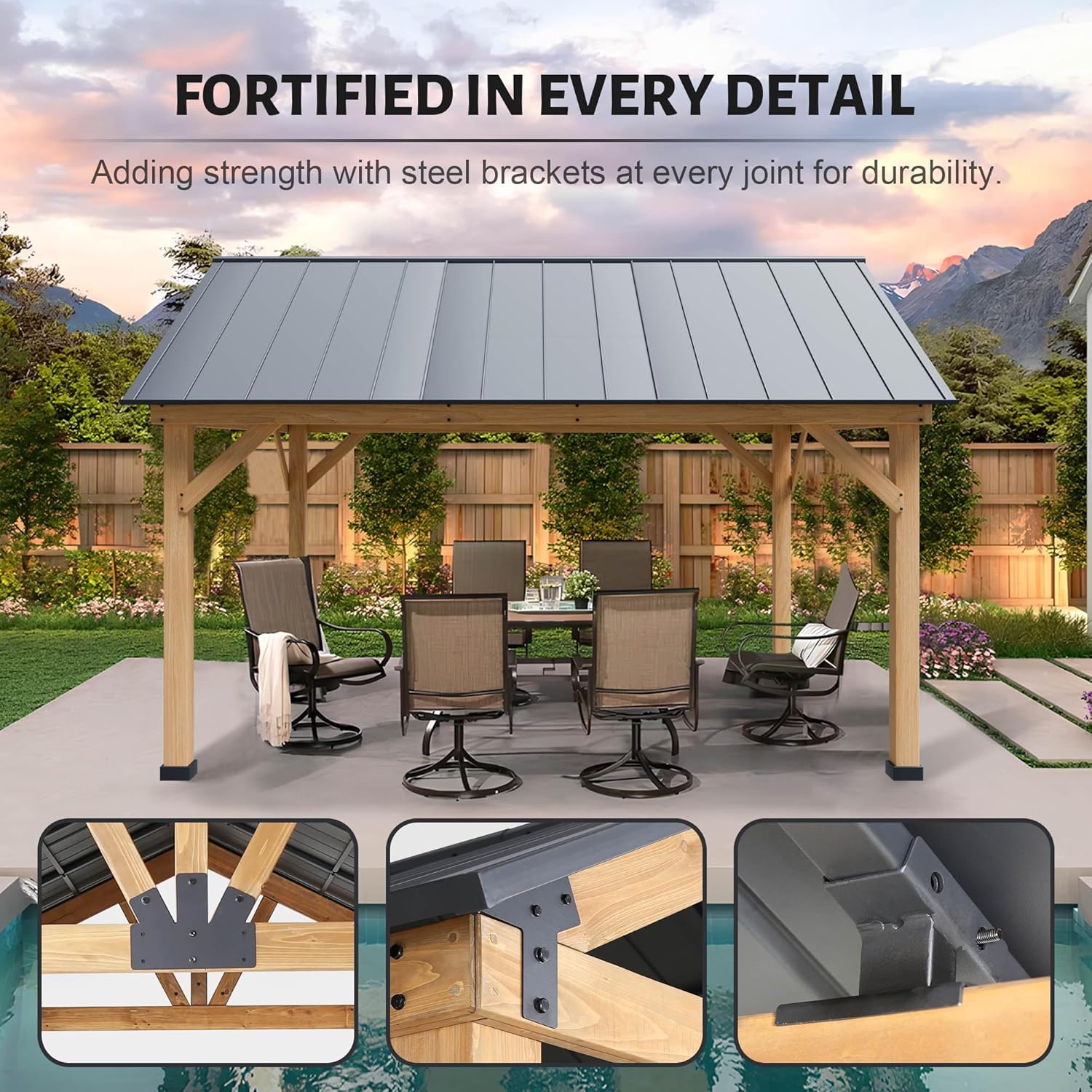 13' x 15' Wood Gazebo, Hardtop Cedar Gazebo with Galvanized Steel Roof, Permanent Outdoor Pavilion for Garden, Patio, Deck, Backyard, Lawn.