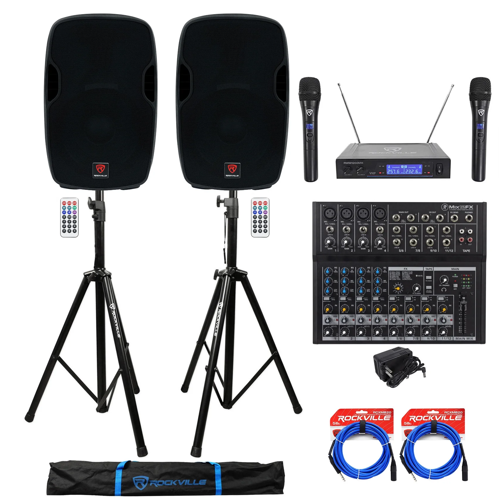 (2) Rockville BPA15 15" 1600w Active PA/DJ Speakers+Mixer+Mic+Stands+Cables+Bag
