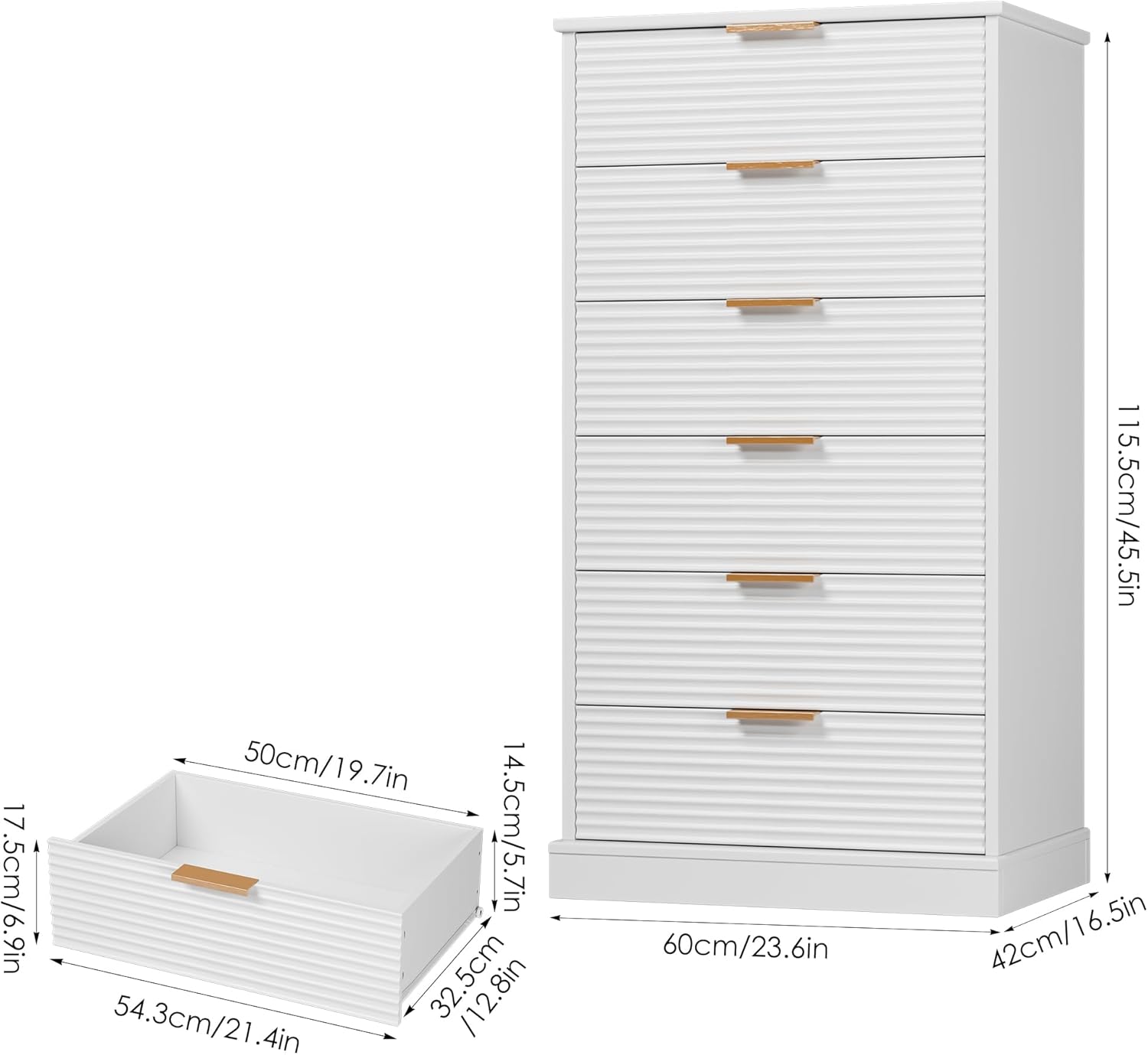 6 Drawer Dresser, Tall White Dresser with Large Storage Space, Modern Chest of Drawers with Handles, 6 Large Capacity Vertical Dressers for Home & Office