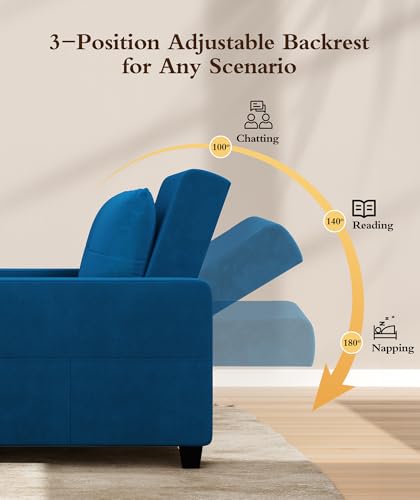 Sleeper Sofa Chair, 3 in 1 Convertible Sleeper Chair with Adjustable Backrest, 32" Pull Out Couch Bed 400lbs Support, Comfy Velvet Small Sofa Bed for Small Space with Pillow & 2 Pockets, Blue