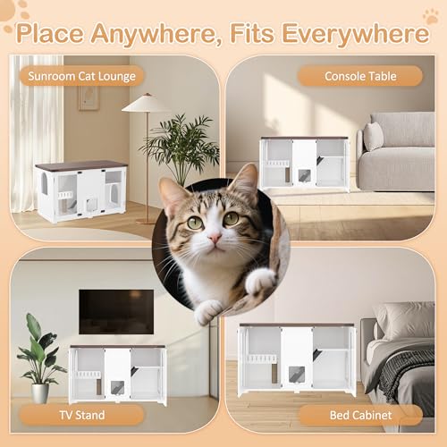 47.25 Inch Multi-Functional Hidden Cat Litter Box Enclosure with Smart Door & LED Light, Modern Cat House with Scratching Post & Stairs, Can be Used as Side Table/TV Stand - White