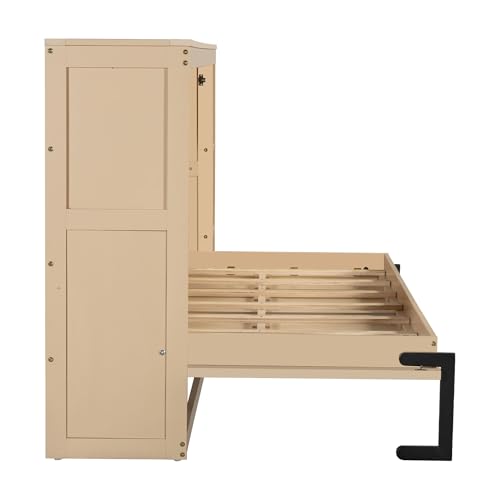 Full Size Horizontal Murphy Bed with Shelves, Full Murphy Bed with Side Bookcase, can be Folded into a Cabinet, Hideaway Wall Bed Space-Saving for Guest Room Bedroom Office, Natural