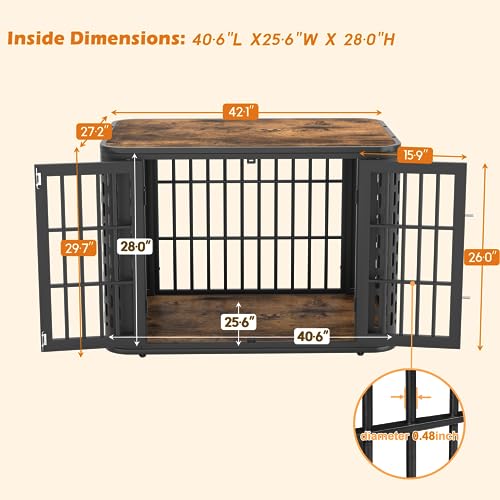 Rounded Corner Dog Crate Furniture, 42 inch Heavy Duty Kennel for Medium and Large Dogs, Decorative Pet Cage End Table Indoor