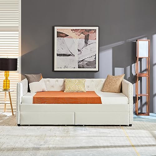 Velvet Twin Daybed with Storage, Upholstered Day Bed Twin Size with Drawers and Headboard, Solid Wood Bed Frame for Living Room and Bedroom, No Box Spring Needed (Beige Velvet)