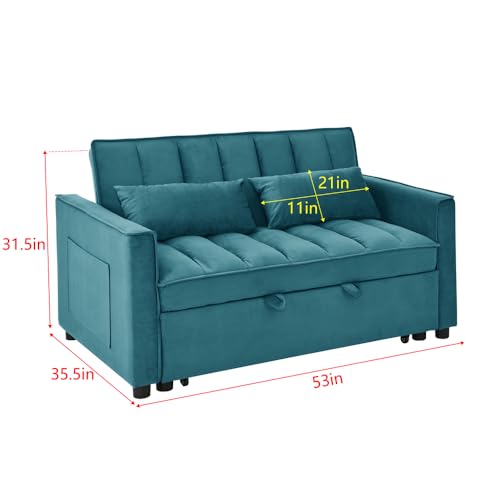 3-in-1 Convertible Sleeper Sofa Bed, Velvet Pull Out Loveseat Futon Sofa Couch with Adjustable Backrest and Pillows, Lounger Armchair Bed with Side Pockets for Living Room Bedroom (Black White)