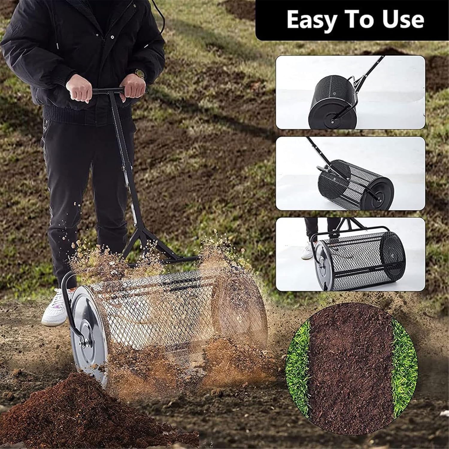 Peat Moss Spreader, Metal Mesh Manure Spreader with Adjustable T Shaped Handle, Fertilizer Spreaders, Top Soil Spreader for Lawn and Garden