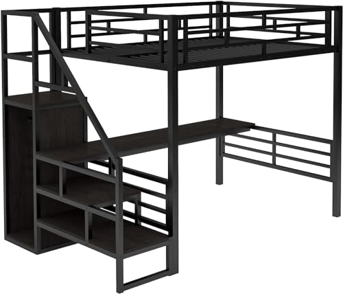 Metal Full Loft Bed with Desk and Wardrobe, Full Size with Storage Stairs and Guard Rail,Bed Frame