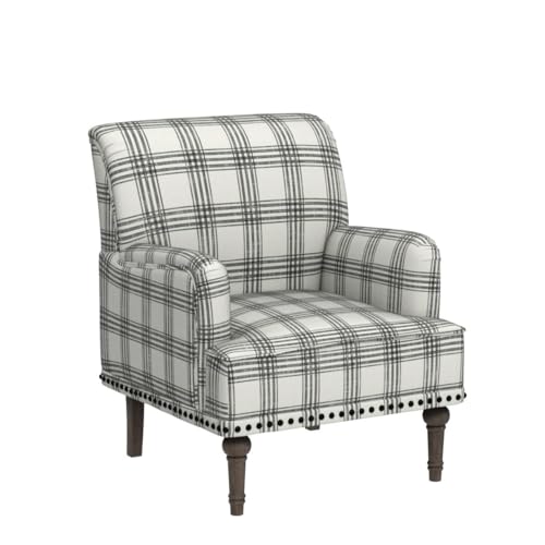 HULALA HOME Modern Accent Chair with Retro Wooden Legs & Nailhead Trim, Comfy Upholstered Armchair Single Sofa for Living Room Bedroom (Plaid, Grey)