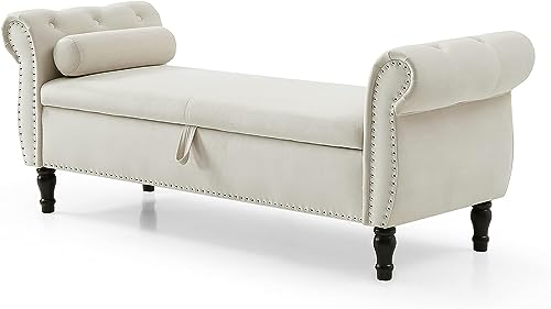 63" Button Tufted Velvet Upholstered Bench & Ottoman W/Storage for Bedroom End of Bed Home Entryway Living Space, Soft Padded Footstool w/Nailhead Decor and Pillow, Grey V