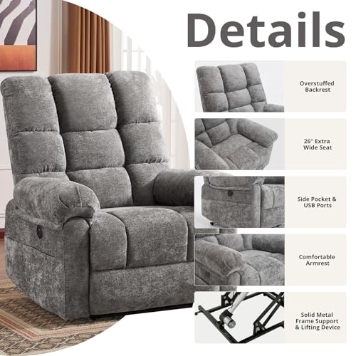 Oversized Power Lift Recliner Chair for Elderly, Extra Wide Lift Chair with Masssage and Heat, Chenille Electric Recliner Chairs for Big and Tall, USB Ports, Coffee