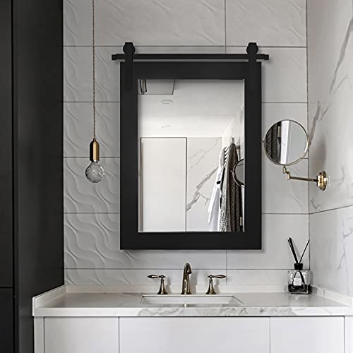 Hans Farmhouse Bathroom Mirror 22"×28" Rustic Wood Frame with Metal Barn Door Track Decorative Wall Mirror for Bathroom Entryway Living Room,Black