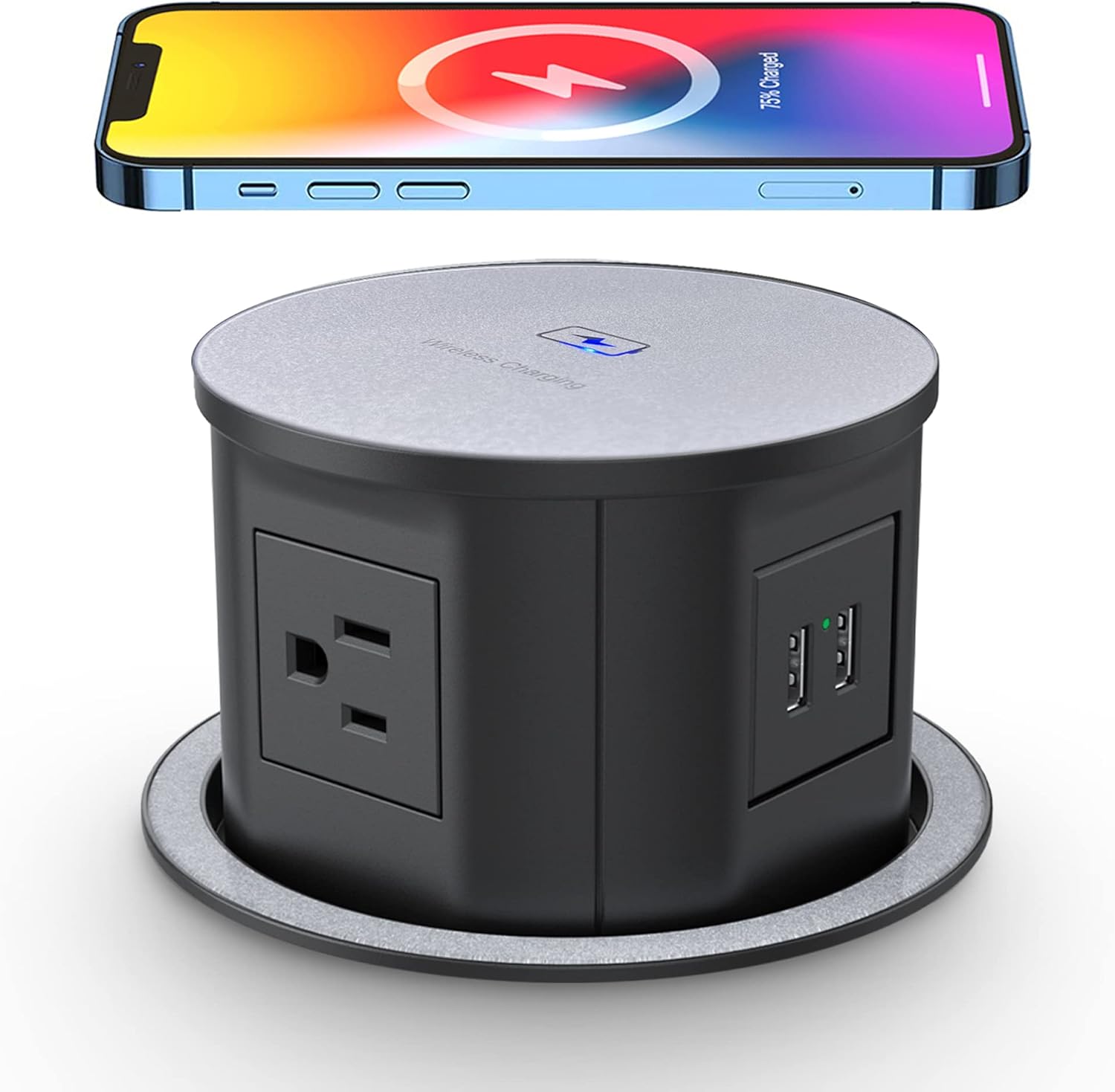Automatic Pop up Power Outlet with 10W Wireless Charger,Pop up Electrical Outlets for Countertops,4.7'' Diameter Round Pop Up Counter Outlet with 4 Outlets,2 USB,Hidden Outlet,Pop Out Outlet