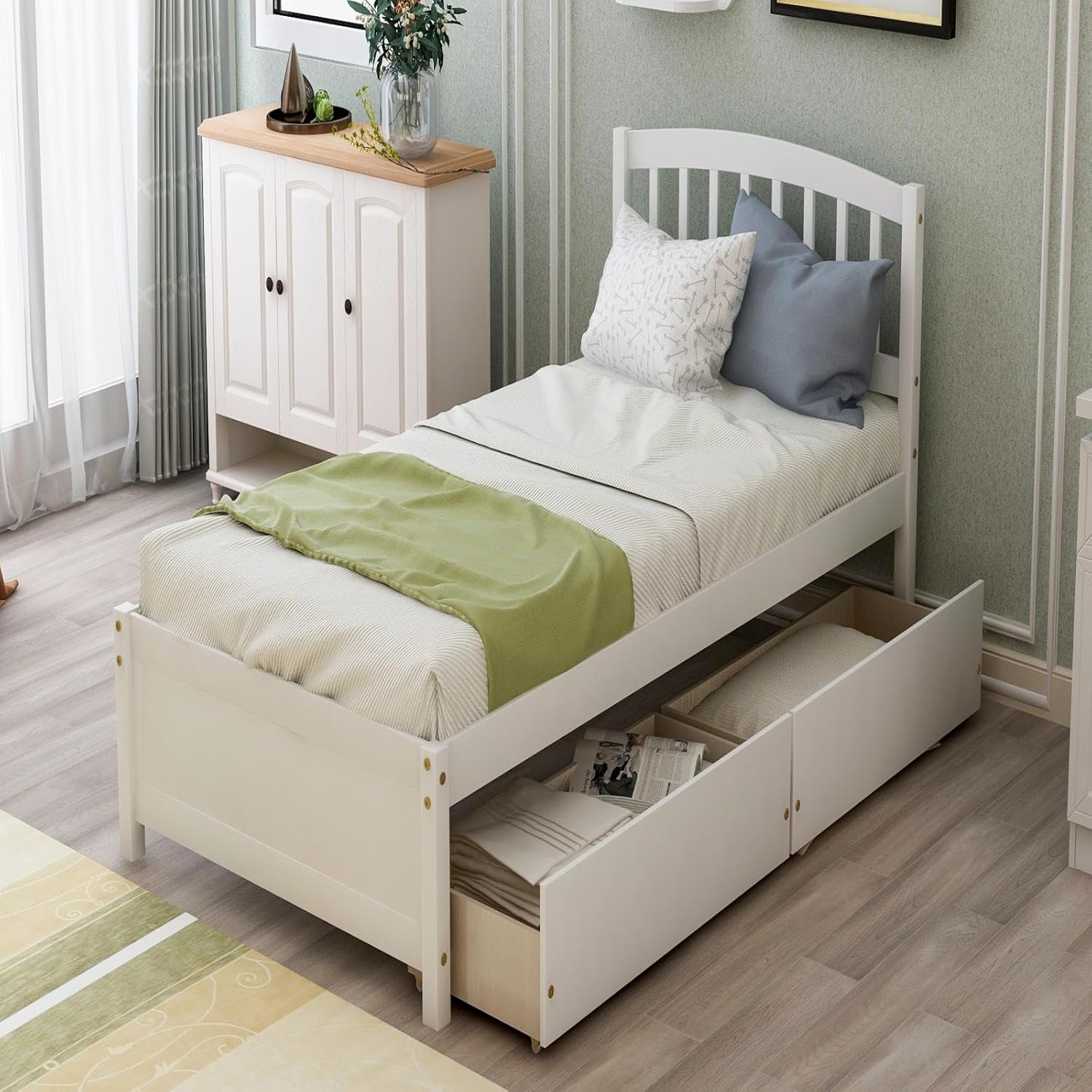 Bed frame with storage drawers, platform double bed frame with two drawers and headboard, large bed frame, no box spring required, white 79.5x41.8x37.4 inches