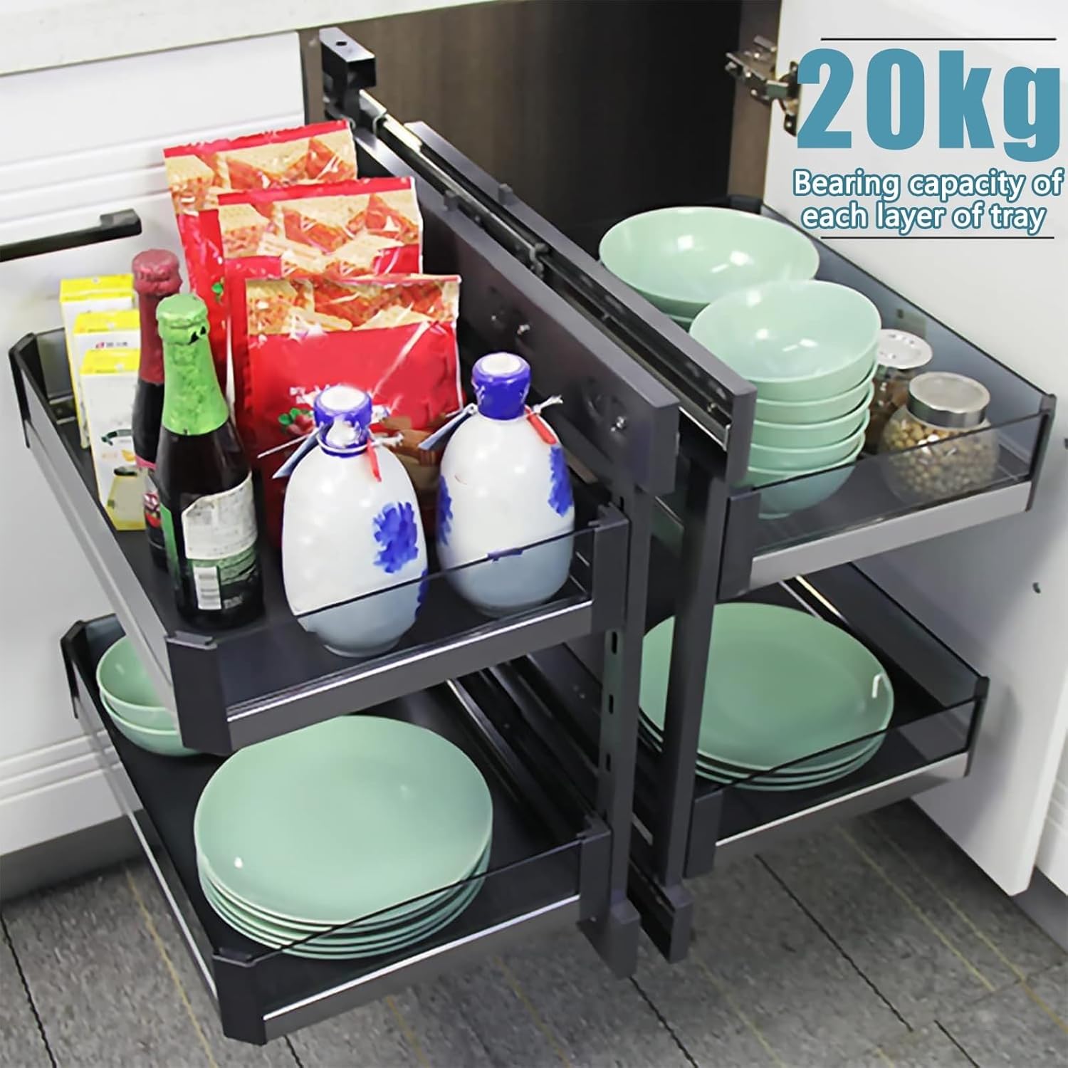 Pull Out storage for kitchen cupboards - Blind Corner Cabinet Organizer, 4 Shelf Tray Baskets Hidden Storage Rack Shelf