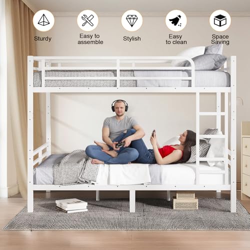 Twin XL Over Twin XL Bunk Bed, Metal Bunk Bed Frame Heavy Duty Bunk Beds Loft Bed Frame with Ladder and Guardrail Metal Slats No Box Spring Required for Adults Teens, Black