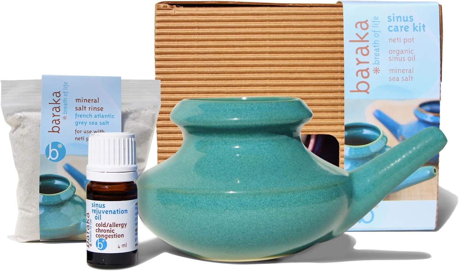 Baraka Complete Sinus Care Tool Kit for Home - Neti Pot (Blue), 5 ml Essential Oil, 2 oz Mineral Salt Rinse Pack of 2