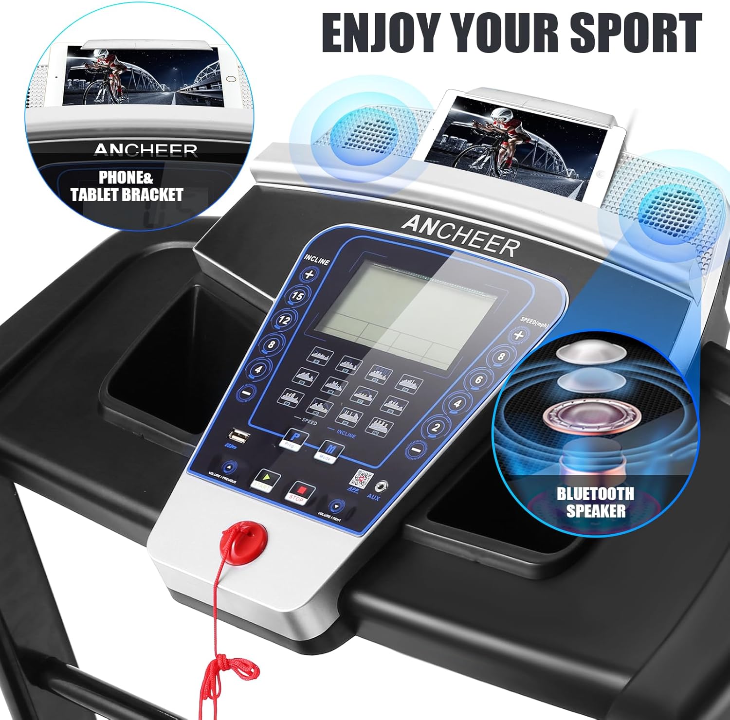 ANCHEER 3.25HP Treadmill with Auto Incline 15%,300lb Capacity APP Folding Treadmills for Home,Electric Smart Control Running Machines with Bluetooth Speaker,LCD Dispaly