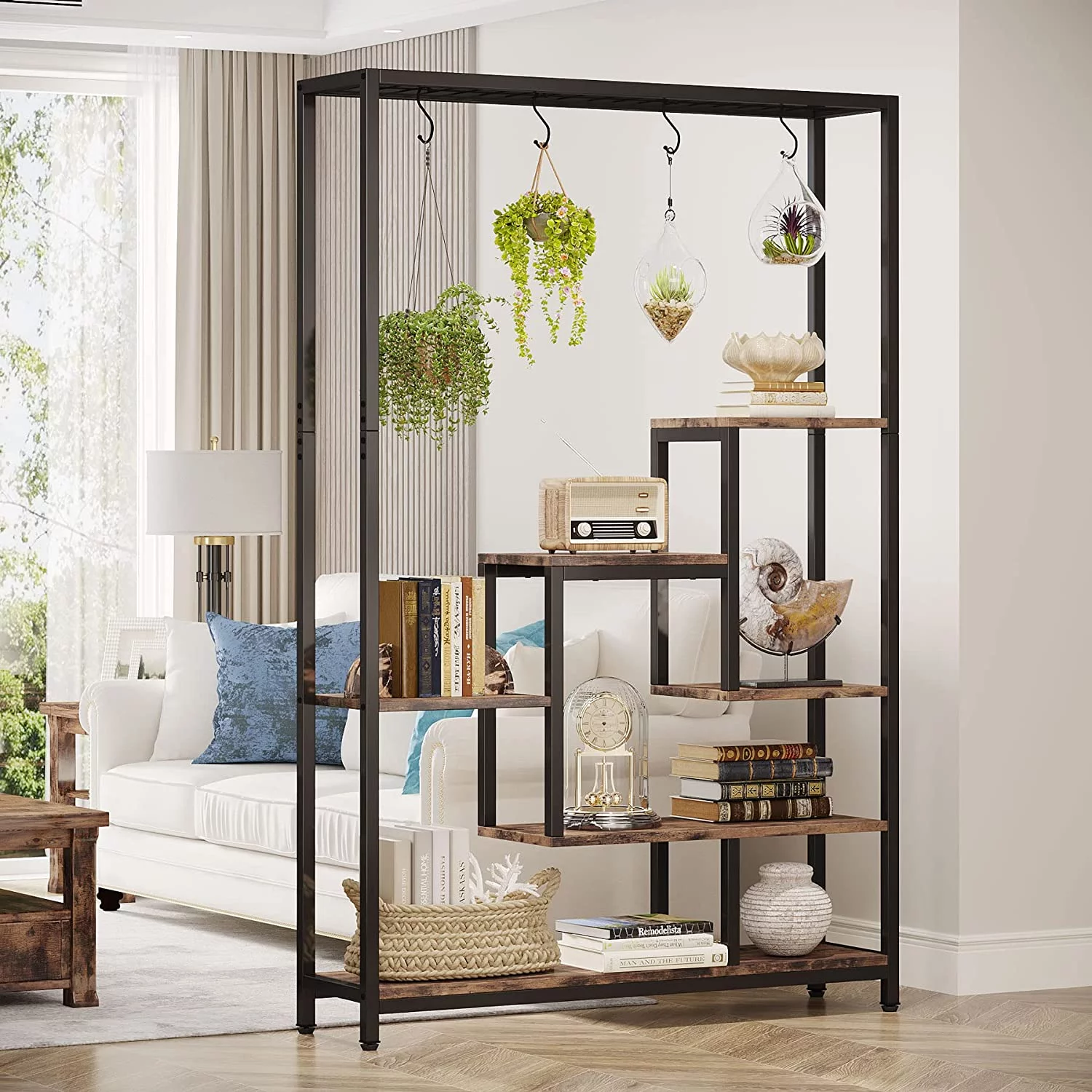 Tribesigns 5-Tier Tall Indoor Plant Stand, 70.9 inches Metal Large Plant Shelf with 10PC S Hanging Hooks, Multi-Purpose Flower Bonsai Pots Display Rack for Indoor, Garden, Balcony, Living Room