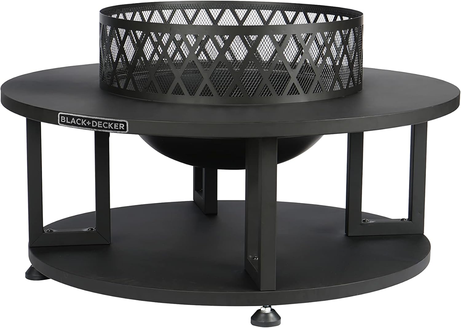 BLACK + DECKER 38" D Steel Wood burning fire pit with log storage area for entertaining backyard bonfires includes mesh lid and poker Black powder coated steel