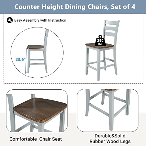 Counter Height Wood 5-Piece Dining Table Set with Drop Leaf, Space-Saving Kitchen Table Set with Wine Rack and Drawers, Rectangular Dining Table & 4 Chairs, Cherry+Gray