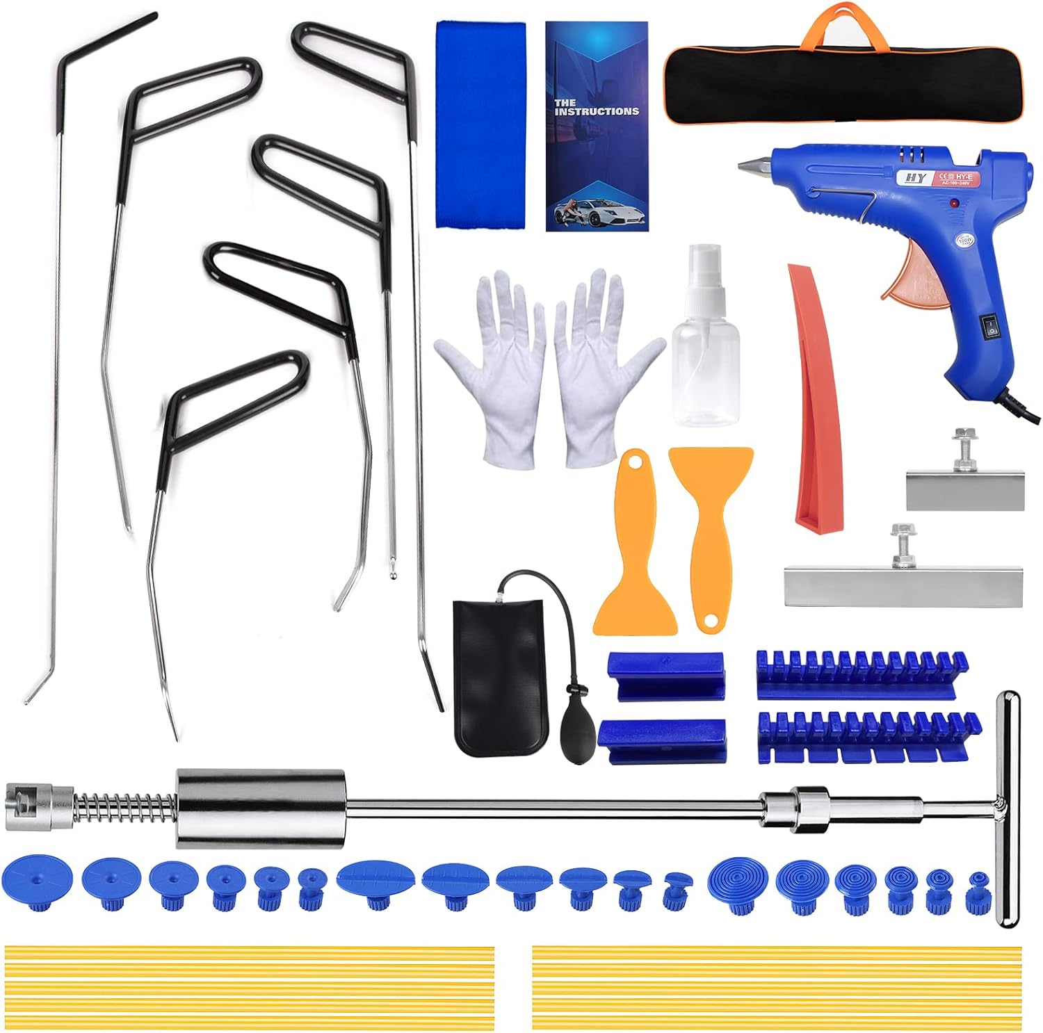 Auto Body Repair Tool Kit, 52pcs Car Dent Puller with Repair Rods, Air Wedge Bag, Window Wedge, T-bar Dent Puller for Car Dent Remover, Paintless Dent Repair Kit for Minor Dent and Deep Dent Removal