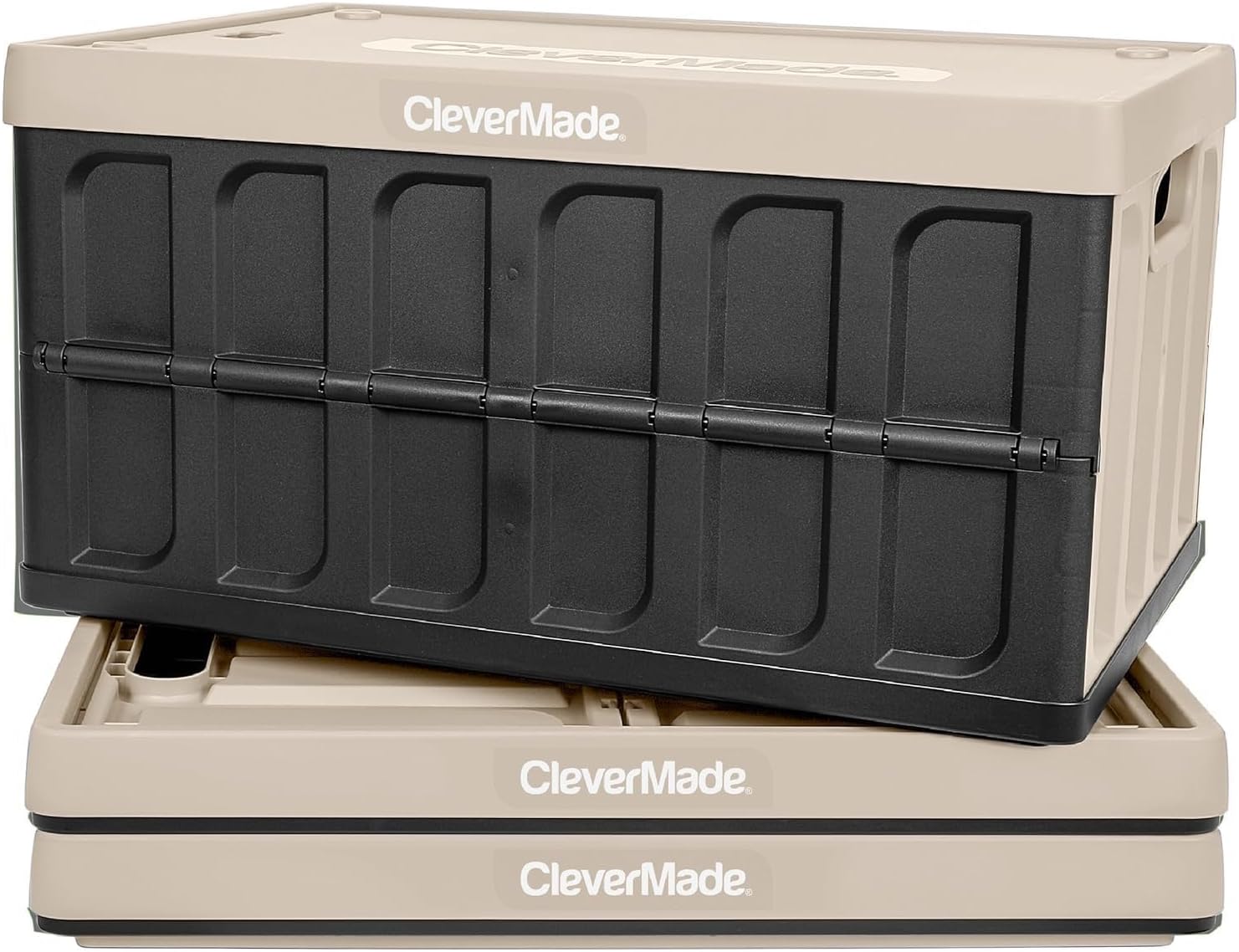 CleverMade Collapsible Storage Bin (With Lid), Tan, 3PK - 62L & Collapsible Shopping Basket, Ocean, 3PK - 24L