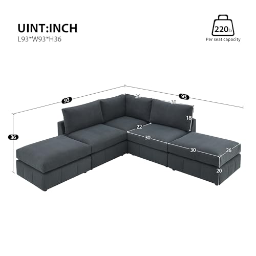 93 Inch L Sectional Sofa Corner Couch with 2 Movable Ottomans Set Reversible Symmetric L Shape – 5-Seat Armless Modern Design for Living Room, Home Office Dark Grey Corduroy