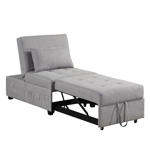 Sofa Bed Chair, 4 in 1 Convertible Sleeper Chair Bed Ottoman, Linen Fabric Pull Out Sofa Bed with Adjustable Backrest & Pillow, Single Recliner Chair for Small Space, Living Room
