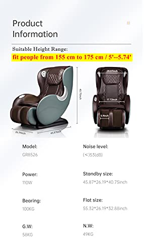 Small Massage Chairs SL Track Full Body Massage Recliner, Shiatsu Recliner, Space-Saving Design, Zero Gravity, Bluetooth Speaker (Light Grey GR8526 LED)