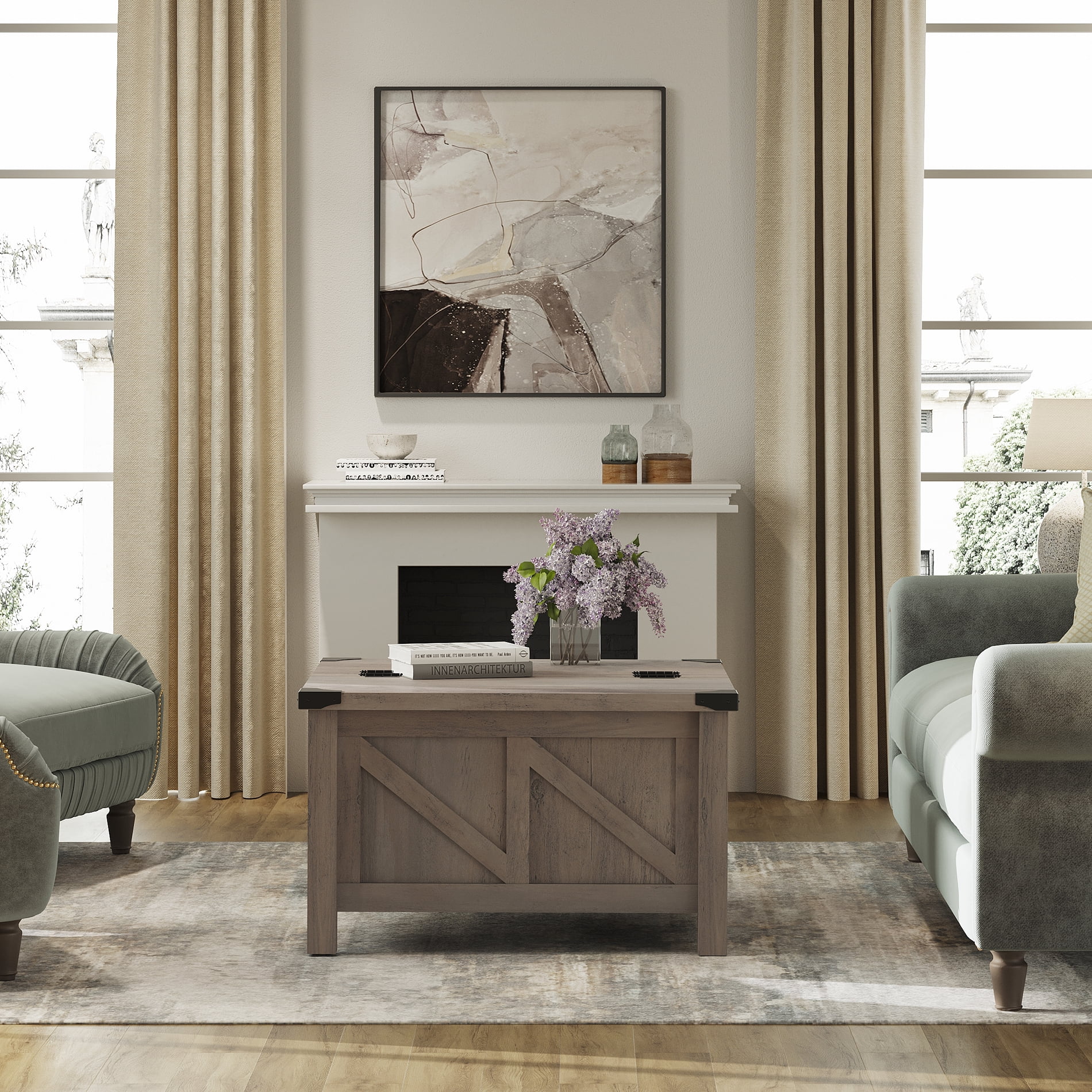 WAMPAT Farmhouse Coffee Table, Square Wood Center Table with Gas Struts Lift-Top for Extra Large Hidden Storage, Metal Bracket Corner, Z-Shaped,Grey