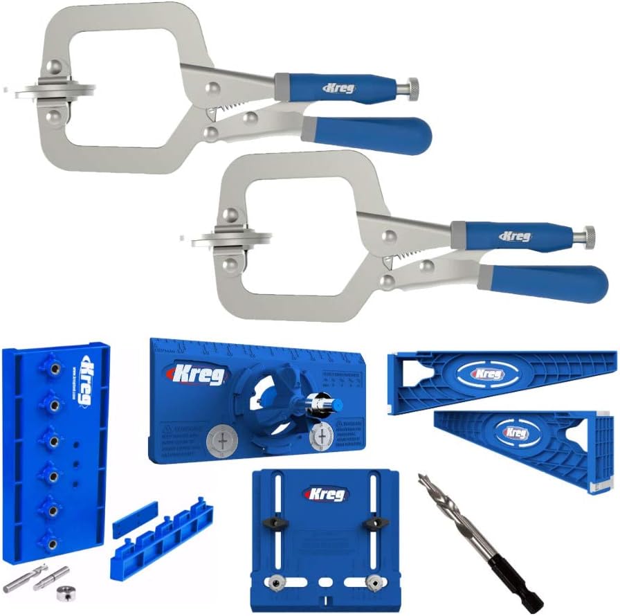 Kreg Drawer Slide Jig with Cabinet Hardware Jig, Concealed Hinge Jig, Shelf Pin Jig 1/4 Drill Bit, 5mm Drill Bit and 2 3 Face Clamps
