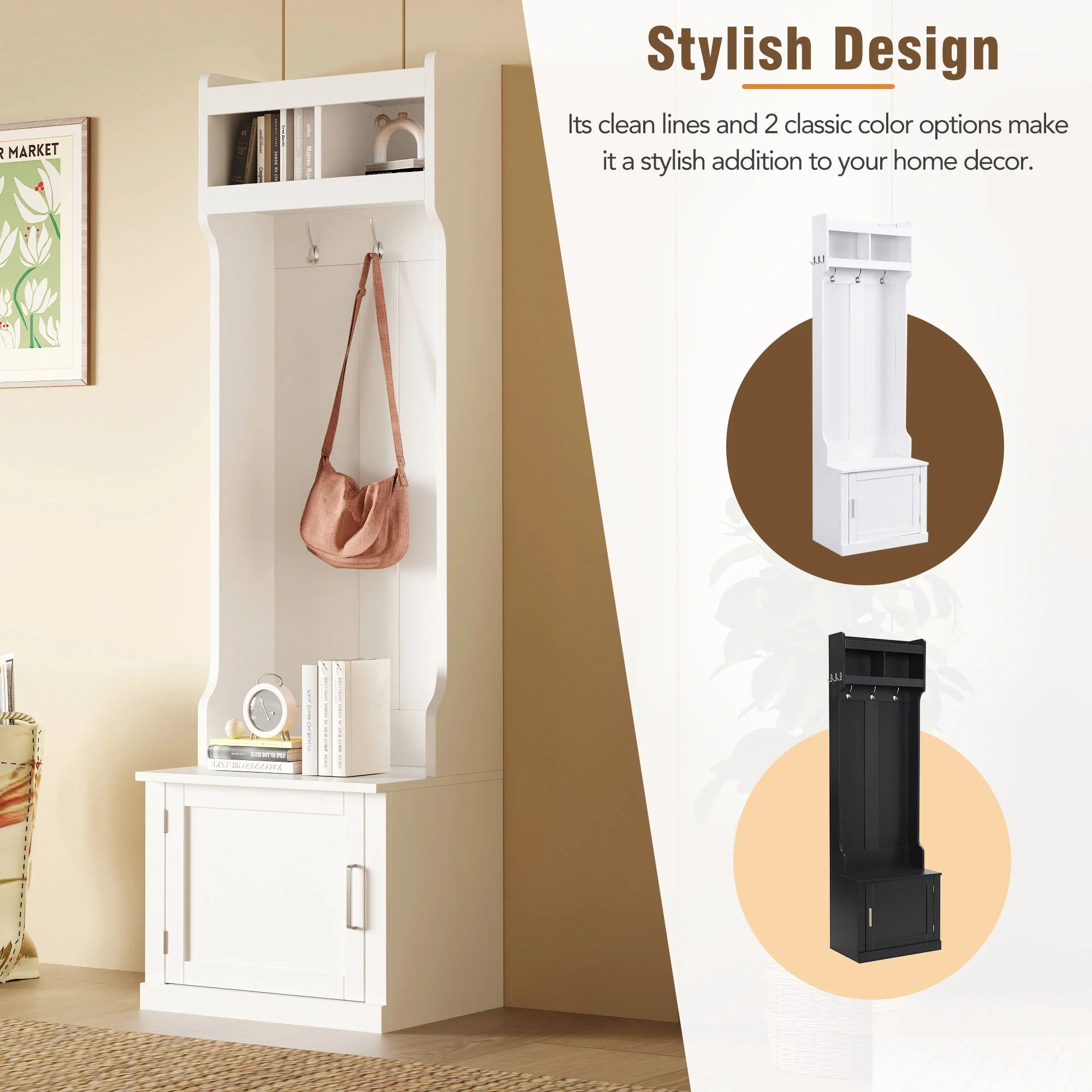 CoSoTower Minimalist Slim Hall Tree with Cabinet & 6 Hanging Hooks, Multi-Functional Storage Bench with Coat Rack, Elegant Foyer Cabinet for Hallway, Living Room, White