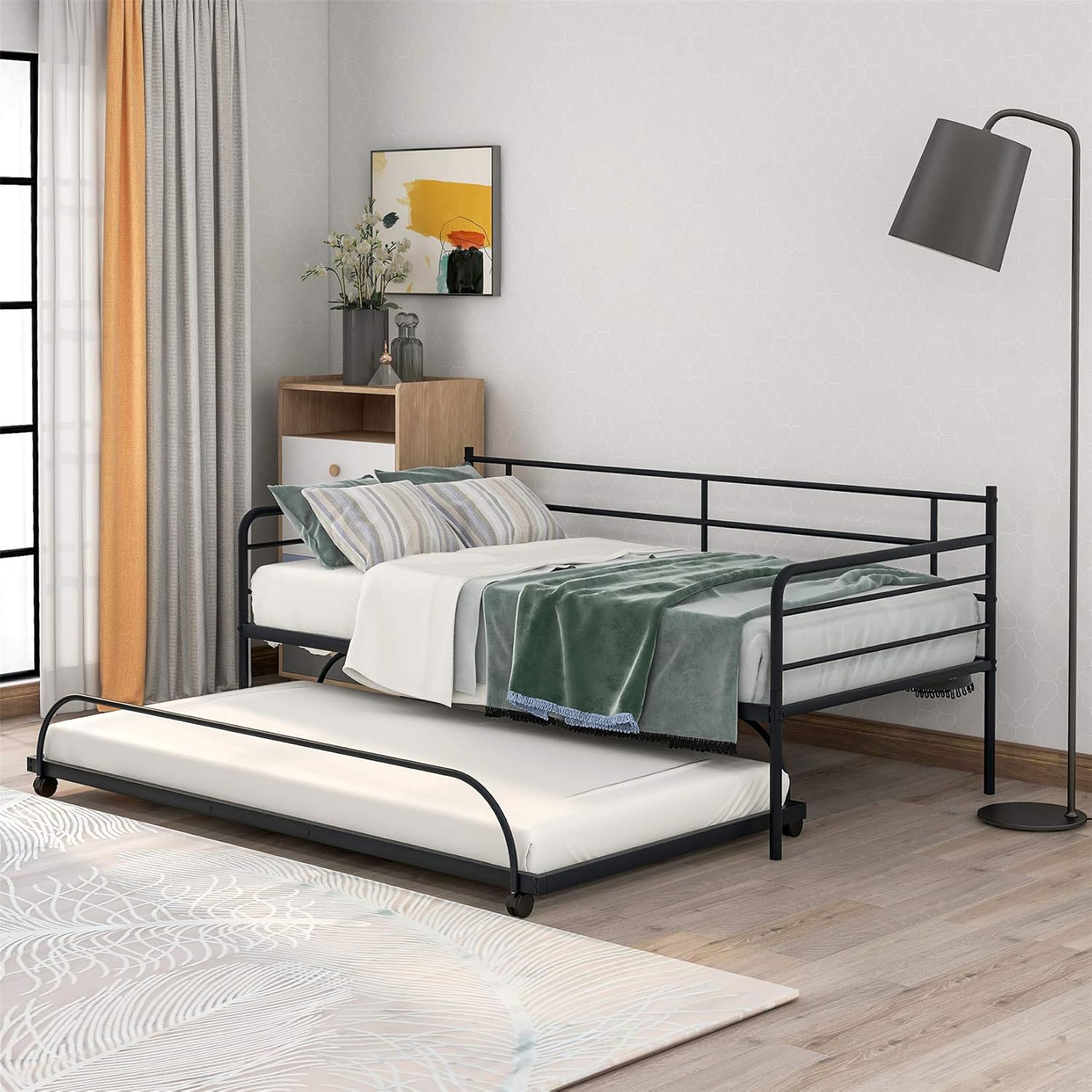 Metal Daybed with Trundle, Twin Size Day Bed Frame with Pullout Trundle, Heavy-Duty Daybed for Living Room Bedroom Kids Teens and Adults, Black