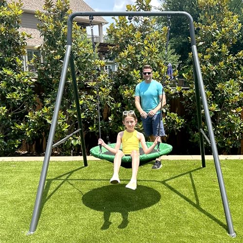 6.7’ x 8.4’ Single Swing Set Frame + 39” Round Platform Tree Swing – UV-Treated Saucer Swing Seat & Modular Metal Frame Playground Set