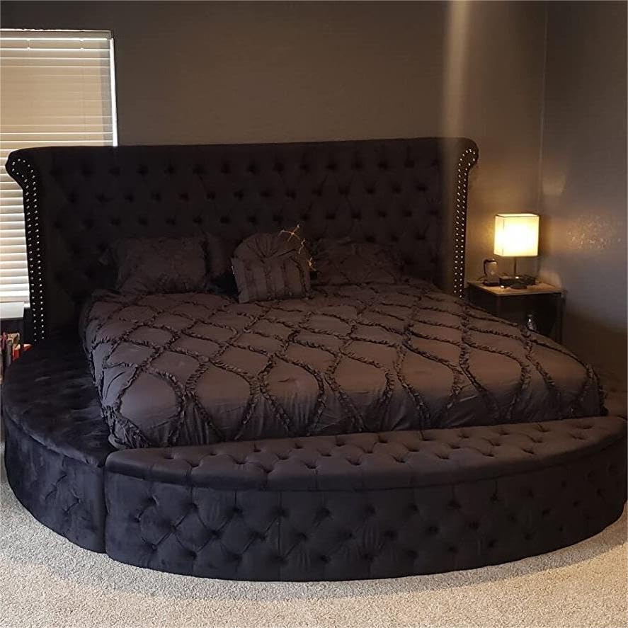 Circle Bed Frame Queen, Luxury Bed Frames with Wingback Headboard and Storage Side Rails & Footboard, Velvet Round Bed Frame with USB Chargers and Speakers, Circle Bed for Bedroom