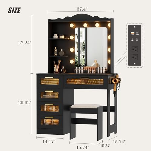 Makeup Vanity Desk with Mirror and Lights-Vanity Table with 5 Drawers&2 Shelves-Vanity Set for Bedroom-Dressing Table with 10 Light Bulbs-Desk Vanity with USB Port&Human Sensor Design-White