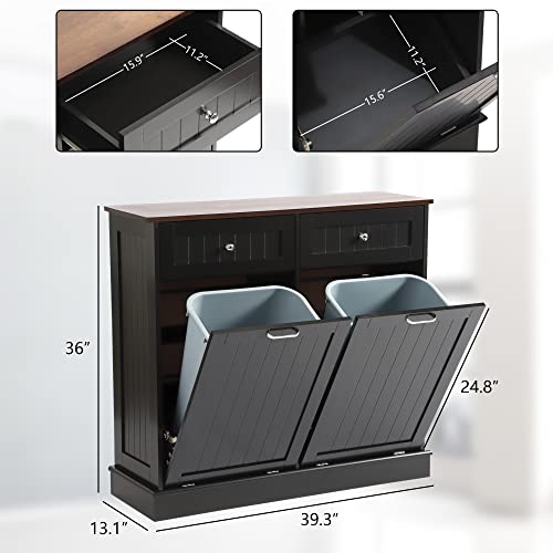 Tilt Out Trash Can Cabinet with Double Hidden Trash Can Holder, Kitchen Free Standing Recycling Cabinet,Dog Proof Trash Can,Wood (Teal)