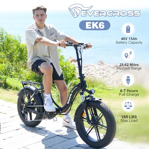 EVERCROSS EK6 Electric Bike 20" x 4.0 Fat Tire Foldable E Bike with 48V 15Ah Removable Battery, 750W Mountain Adult Electric Bicycle with 7 Gears, 55-100KM Long Mileage
