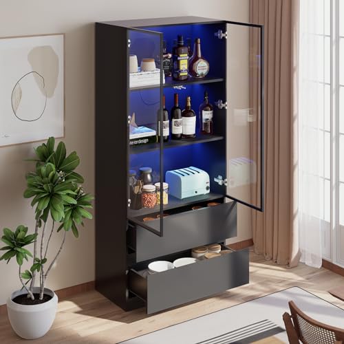 Glass Display Cabinet, Display Case Cabinet with LED Lights, Display Cabinet with Glass Door, Curio Cabinet with 3-Tier Shelves and 2 Drawers, Storage Cabinet for Living Room, Bedroom