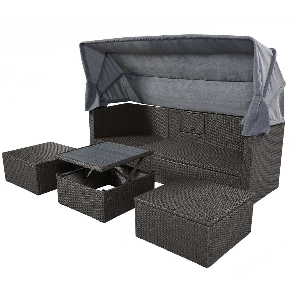 Holaki Outdoor Patio Rectangle Daybed with Retractable Canopy, Wicker Furniture Sectional Seating with Washable Cushions, Gray