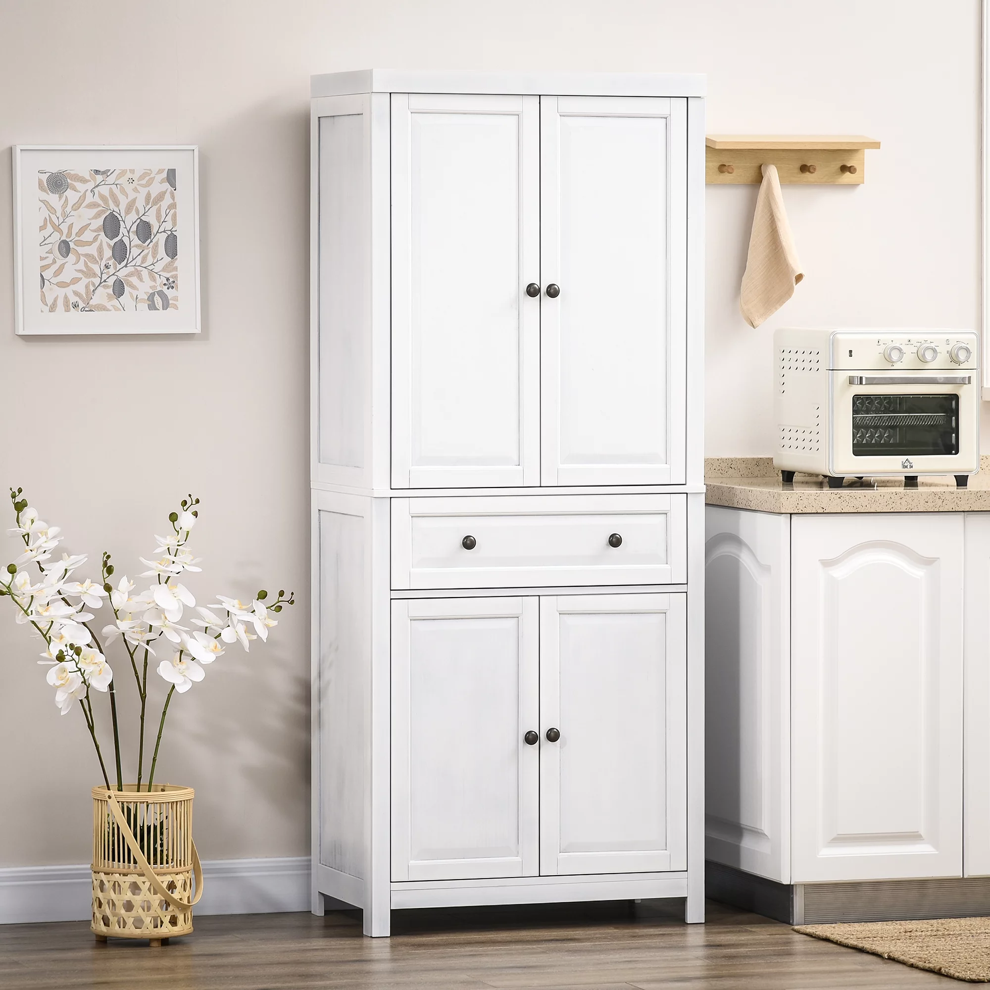 HOMCOM 72.5" Pinewood Large Kitchen Pantry Storage Cabinet, White