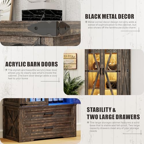 Farmhouse Storage Cabinet 68" Tall, Large Wood Kitchen Pantry Cabinet with Drawers & Shelves, LED Display Cabinet Bookcase for Living Room/Bedroom/Office, Antique White